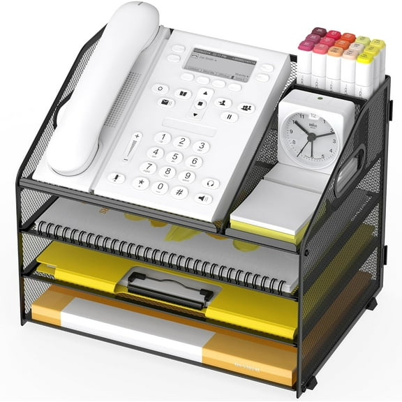 Letter Tray Paper, Desk Organizer with Pen Holder and Handle Mesh File Organizer Paper Sorter Metal Desktop Document Shelf for Office Home