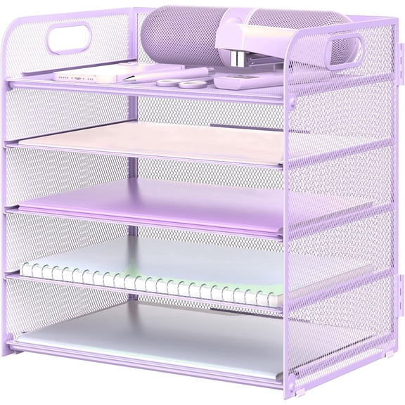 Letter Tray Paper Organizer 5-Tier Desk Organizer File Organizer Paper Holder with Handle, Metal Desktop Document Shelf Tray Office Classroom Organization - Purple