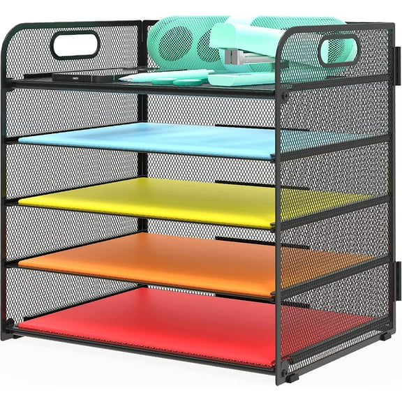Letter Tray Paper Organizer 5-Tier Desk Organizer File Organizer Paper Holder with Handle, Metal Desktop Document Shelf Tray Office Classroom Organization - Black