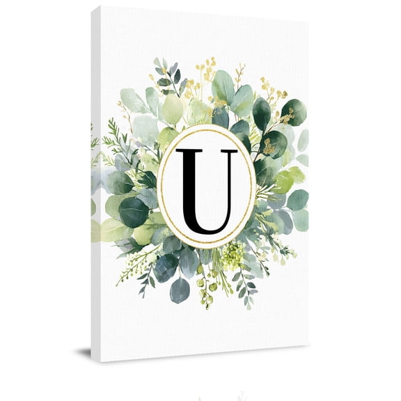 Letter U Canvas Wall Art for Living Room, Alphabet Green Eucalyptus Leaves Plant Simple Poster Print Painting for Bedroom Office Home Decoration Wall Pictures Prepare To Hang 22"x28"