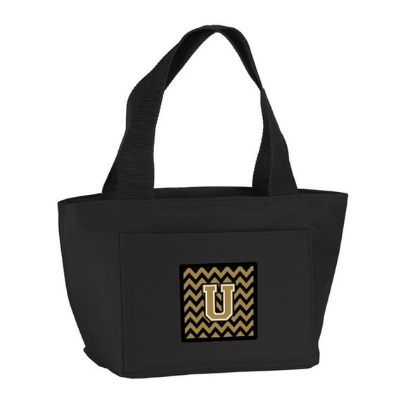 Letter U Chevron Black and Gold Lunch Bag
