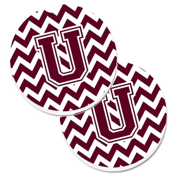 Letter U Chevron Maroon & White Set of 2 Cup Holder Car Coaster