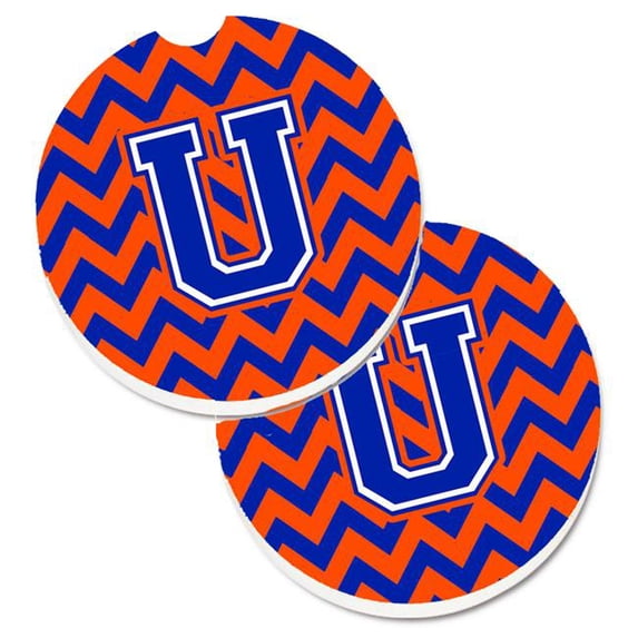 Letter U Chevron Orange & Blue Set of 2 Cup Holder Car Coaster