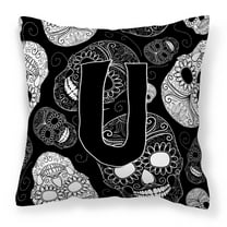 Letter U Day of the Dead Skulls Black Fabric Decorative Pillow