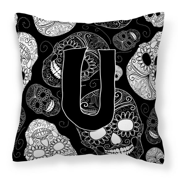 Letter U Day of the Dead Skulls Black Fabric Decorative Pillow
