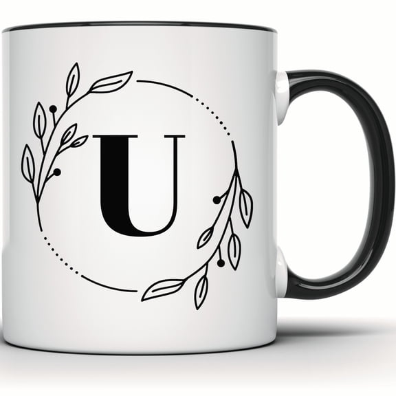 Letter U Floral Coffee Mug - Monogram Initial U Tea Mug - Personalized Alphabet Gift for Her - 11 Ounce Black Rim Handle Novelty Coffee Cup - WMUG0371-Black Rim