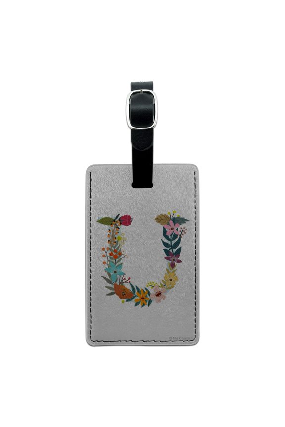 Letter U Floral Monogram Initial Rectangle Leather Luggage Card Suitcase Carry-On ID Tag