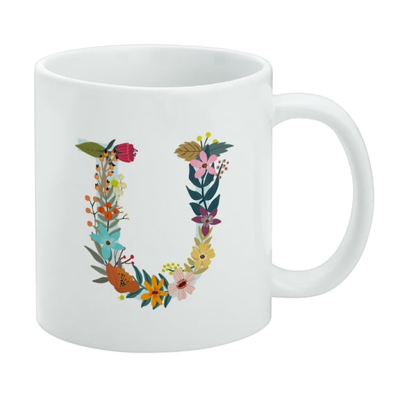 Letter U Floral Monogram Initial White Mug