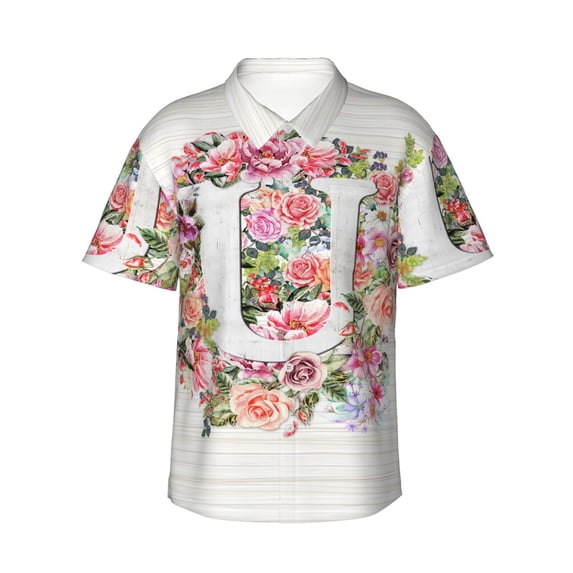Letter U Flower Graphic Hawaiian Shirts For Men, Summer Short-Sleeve Relaxed-Fit Button-Down Shirts Xx-Large