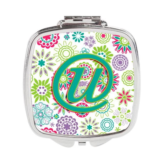 Letter U Flowers Pink Teal Green Initial Compact Mirror - Pink Teal Green