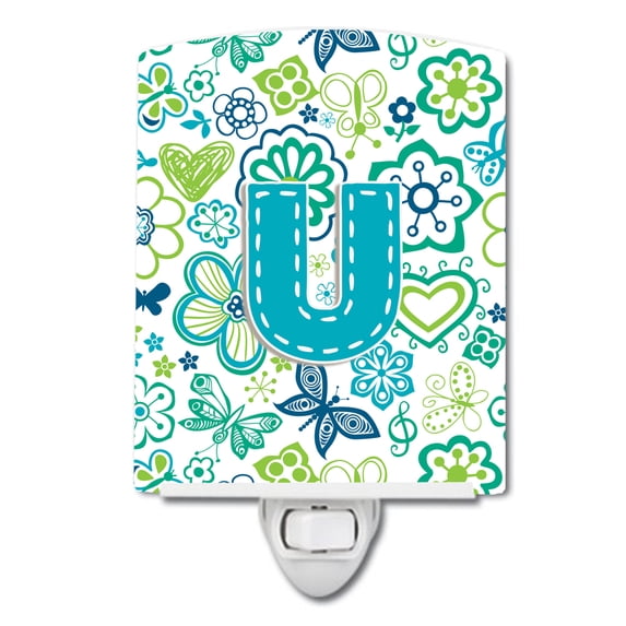 Letter U Flowers and Butterflies Teal Blue Ceramic Night Light
