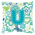 thumbnail image 1 of Letter U Flowers and Butterflies Teal Blue Fabric Decorative Pillow, 1 of 3