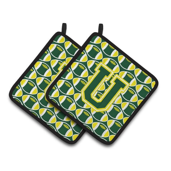 Letter U Football Green and Yellow Pair of Pot Holders