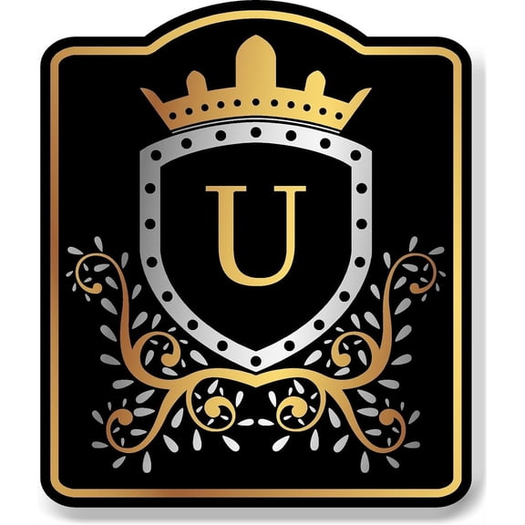 Letter U Initial Fancy Gold Crown BLACK Aluminium Composite Sign 8.5''x10''