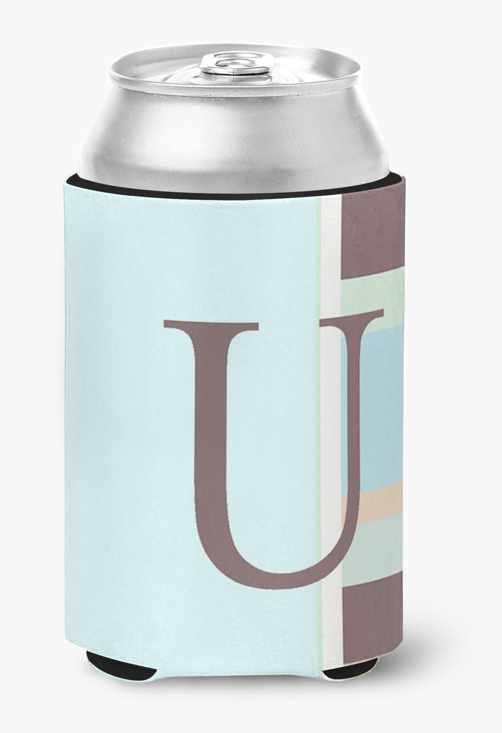 Letter U Initial Monogram - Blue Stripes Can or Bottle Beverage Insulator Hugger