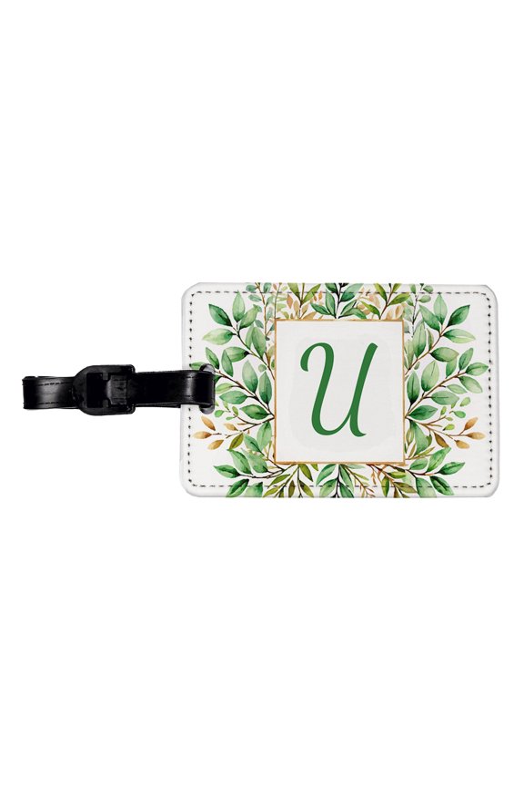 Letter U Initial Monogram Frame Leaf Faux Leather Travel Luggage Tag
