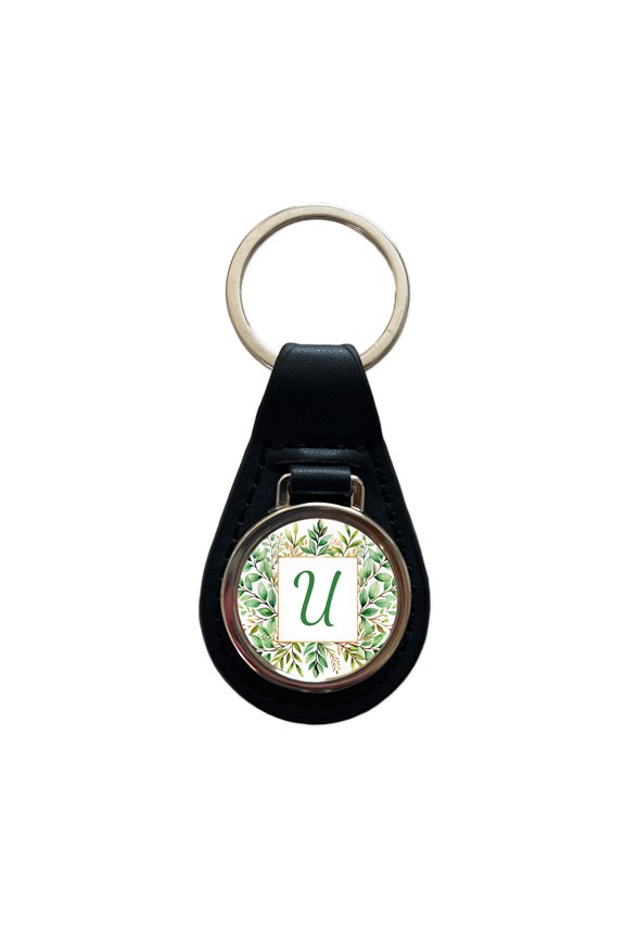 Letter U Initial Monogram Frame Leaf Metal Black Leather Keychain