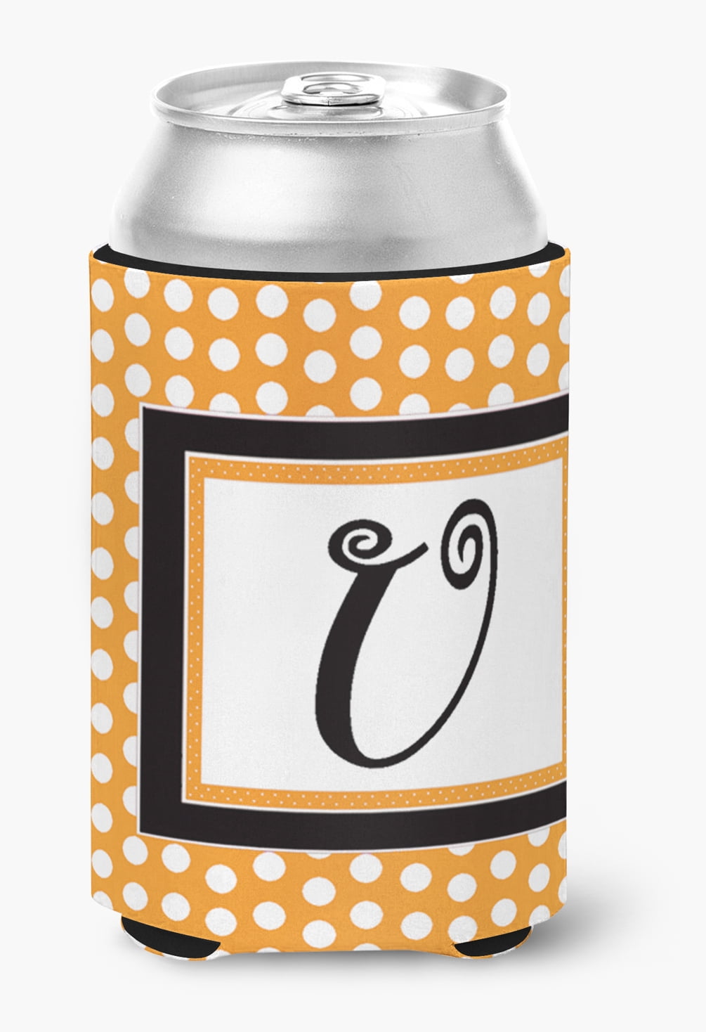 Letter U Initial Monogram - Orange Polkadots Can or Bottle Hugger