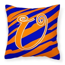 Letter U Initial  Tiger Stripe Blue and Orange Fabric Decorative Pillow