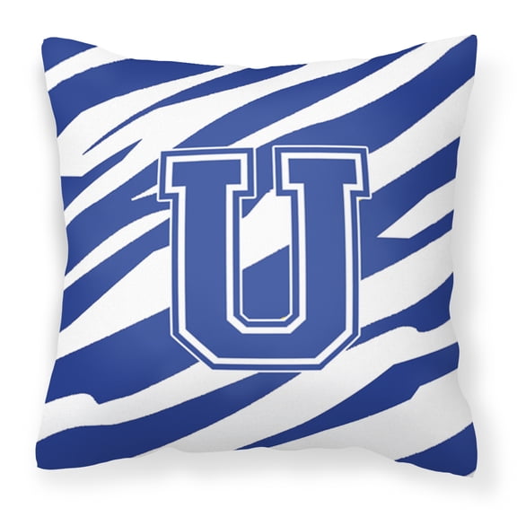 Letter U Initial Tiger Stripe Blue and White Fabric Decorative Pillow