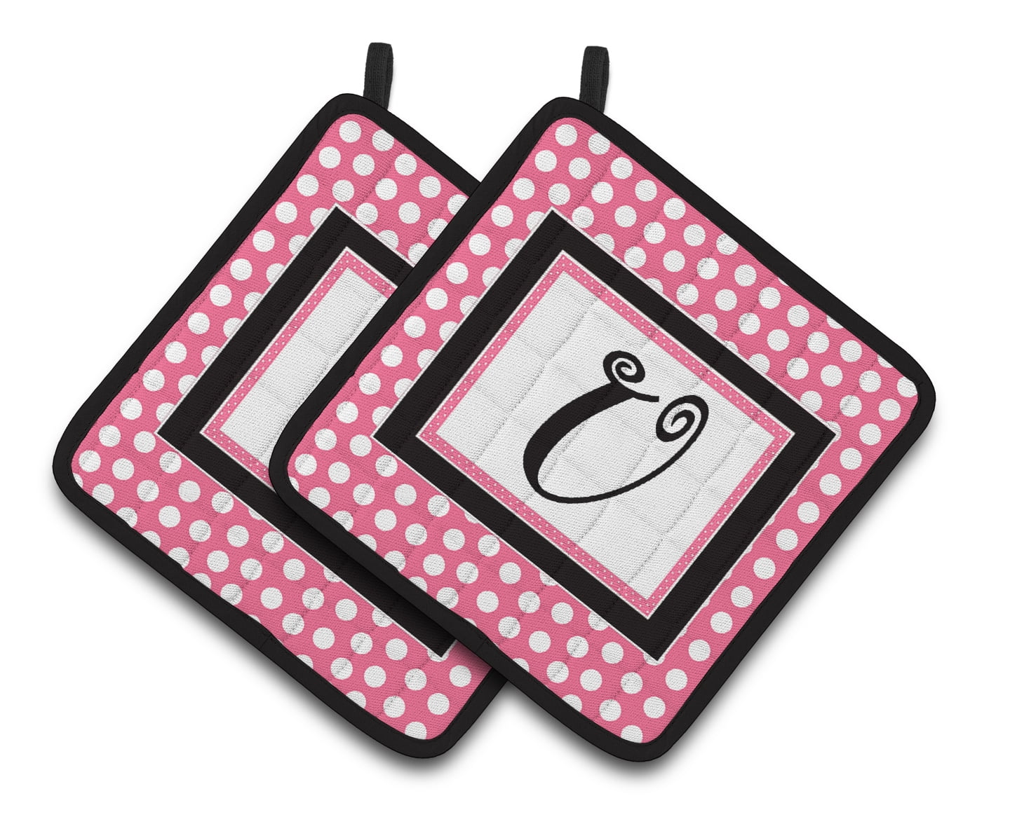 Letter U Monogram - Pink Black Polka Dots Pair of Pot Holders