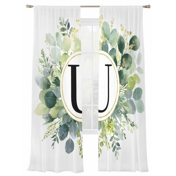 Letter U Sheer Curtains 84 inches Long, Alphabet Green Eucalyptus Leaves Plant Simple Light Filtering Sheer Window Curtains Rod Pocket Voile Drapes for Bedroom Living Room, 2 Panels 52"W x 84"L