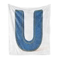 thumbnail image 1 of Letter U Soft Flannel Fleece Throw Blanket, Denim Letter Alphabet Design with Realistic Looking Texture Stitches Image, Cozy Plush for Indoor and Outdoor Use, 50" x 60", Blue Yellow, by Ambesonne, 1 of 6