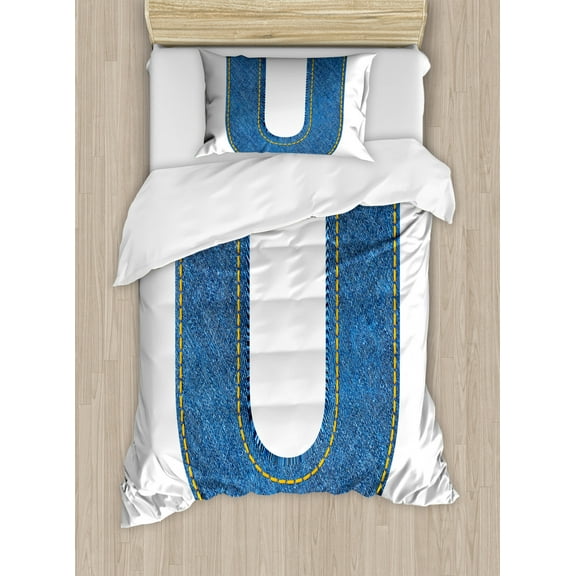 Letter U Twin Size Duvet Cover Set, Denim Letter Alphabet Design with Realistic Looking Fabric Texture Stitches Image, Decorative 2 Piece Bedding Set with 1 Pillow Sham, Blue Yellow, by Ambesonne