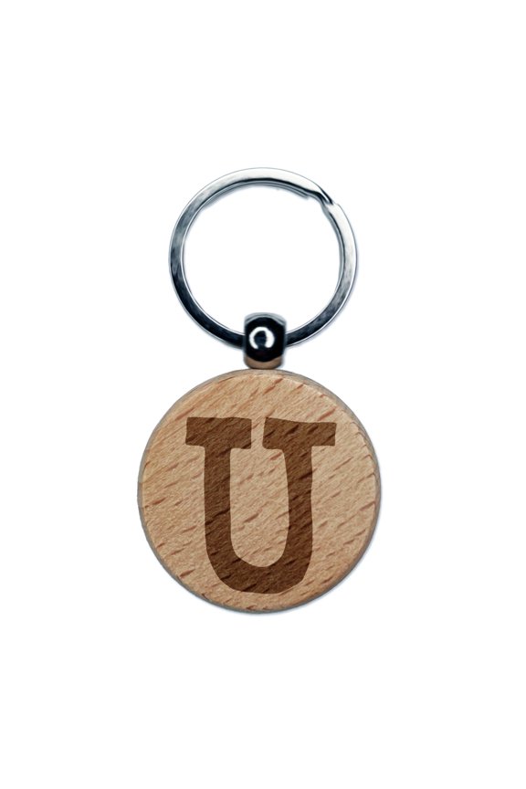 Letter U Uppercase Cute Typewriter Font Round Keychain Charm Tag - Engraved Wood