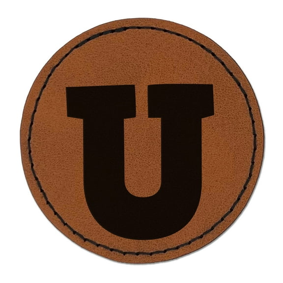 Letter U Uppercase Fun Bold Font 2.5" Faux Leather Round Engraved Iron-On Patch - Brown