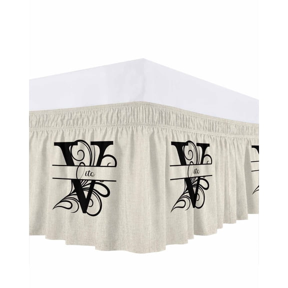 Letter V Bed Skirt Queen Size, Monogram Words Wrap Around Bed Skirting with Adjustable Elastic Strap, Dust Ruffle Pleated Bedskirts 16 Inch Drop for Bedroom Queen Beds