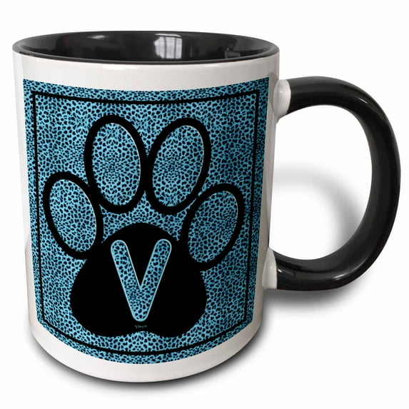 3drose, Letter V Blue Cheetah Print Cat Paw, 11oz Two-tone Black Mug