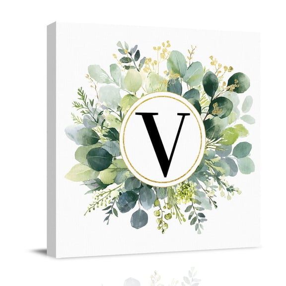 Letter V Canvas Wall Art for Living Room, Alphabet Green Eucalyptus Leaves Plant Simple Poster Print Painting for Bedroom Office Home Decoration Wall Pictures Prepare To Hang 8"x8"