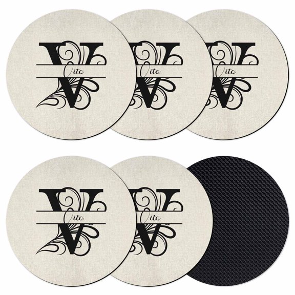 Letter V Coasters Set of 6, Monogram Words Absorbent Coasters for Drinks, Coaster for Bar Office Dining Coffee Table Accessories Decor, Non Slip Round Desk Coaster