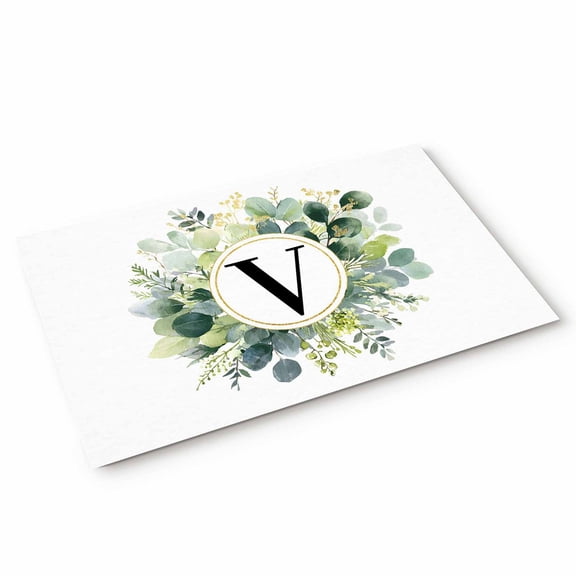 Letter V Door Mat Alphabet Green Eucalyptus Leaves Plant Simple Non Slip Absorbent Entrance Mat Washable Low Profile Indoor Doormat for Front Door Entryway Entry 16"x24"