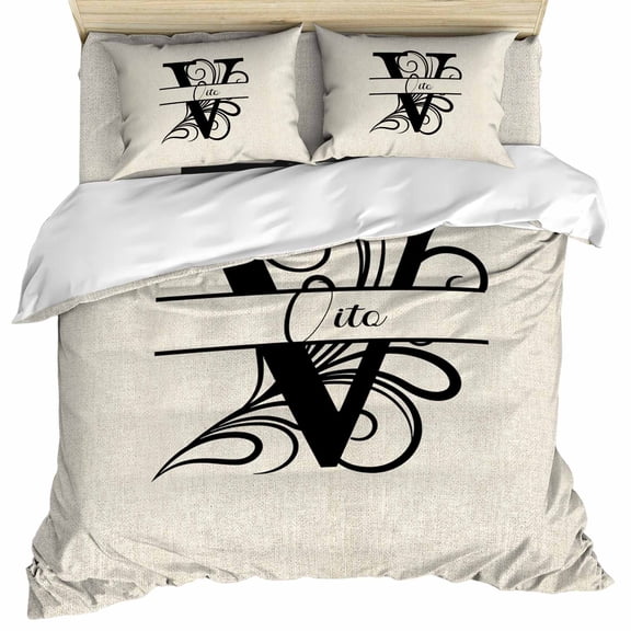 Letter V Duvet Cover Set, Monogram Words Soft Duvet Cover Twin Size Bedding Set 4 Pieces, 1 Quiltcover and 2 Pillowcases with Zipper, 1 Bed Sheet for All Seasons