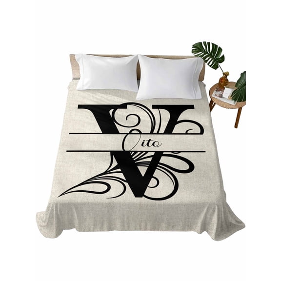 Letter V Flat Sheet Only Twin Size, Soft Breathable Bed Top Sheets for Mattress, Monogram Words Luxury Bedding Flat Sheets for Home Hotel Bedroom Bed Protection