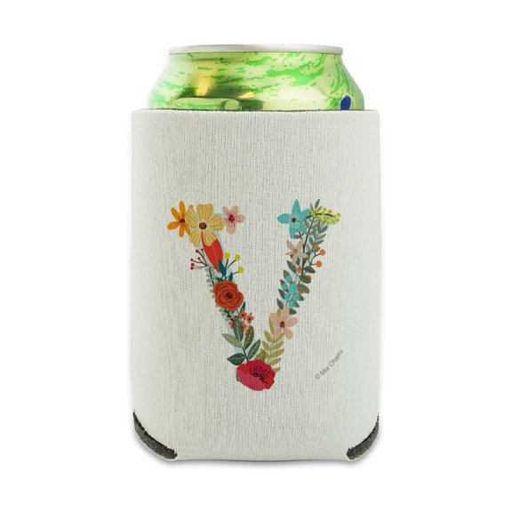 Letter V Floral Monogram Initial Can Cooler - Drink Sleeve Hugger Collapsible Insulator - Beverage Insulated Holder