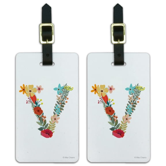 Letter V Floral Monogram Initial Luggage ID Tags Suitcase Carry-On Cards - Set of 2