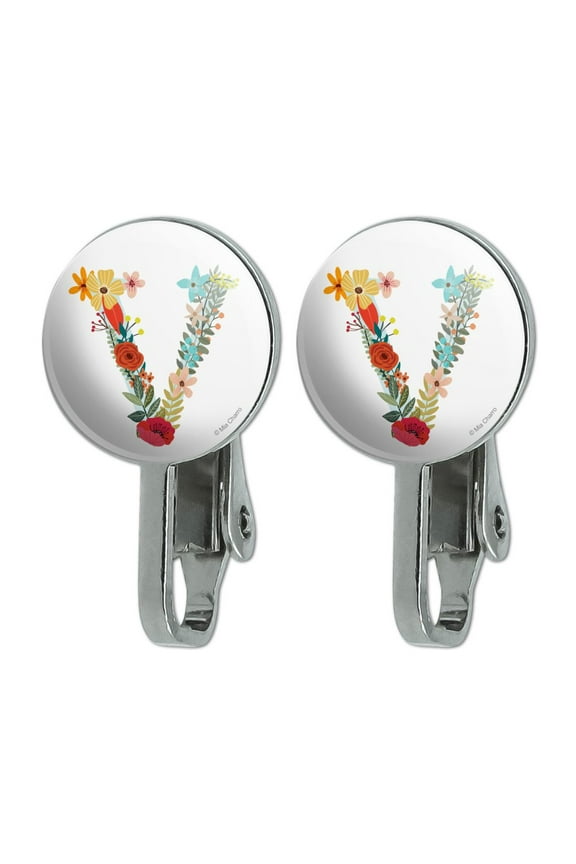 Letter V Floral Monogram Initial Novelty Clip-On Stud Earrings