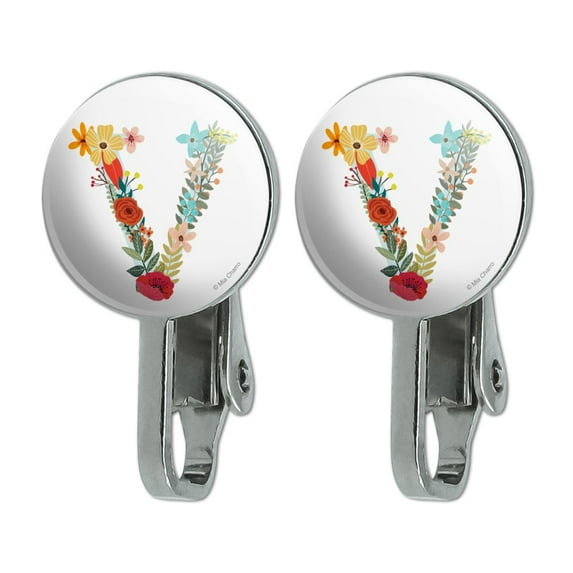 Letter V Floral Monogram Initial Novelty Clip-On Stud Earrings