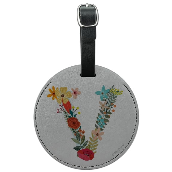 Letter V Floral Monogram Initial Round Leather Luggage Card Suitcase Carry-On ID Tag