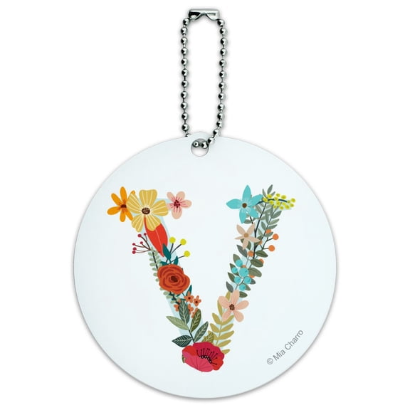 Letter V Floral Monogram Initial Round Luggage ID Tag Card Suitcase Carry-On