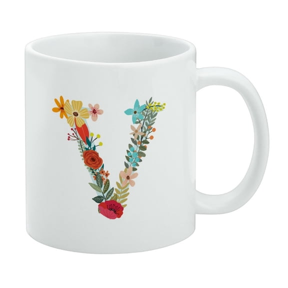 Letter V Floral Monogram Initial White Mug