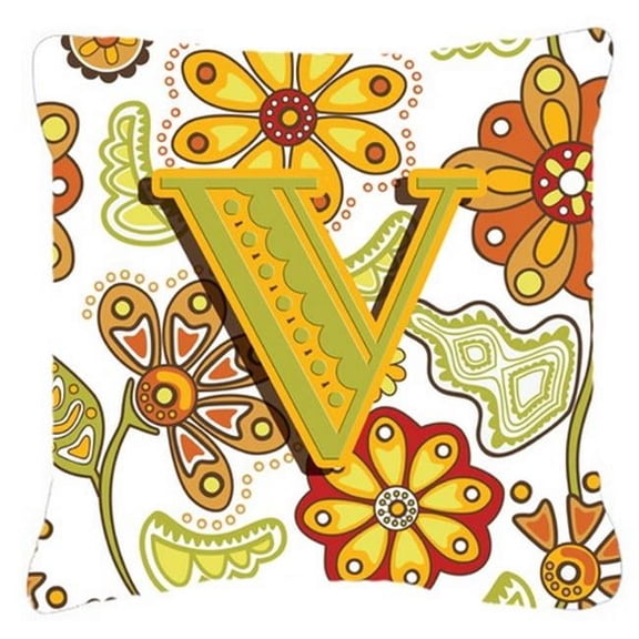 Letter V Floral Mustard And Green Canvas Fabric Decorative Pillow