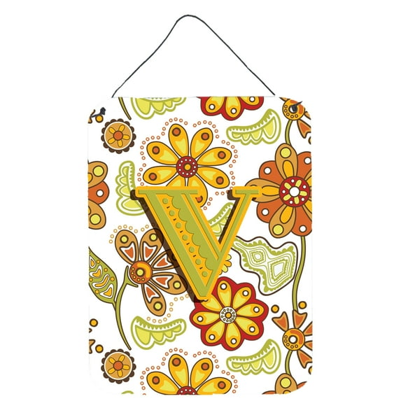 Letter V Floral Mustard and Green Wall or Door Hanging Prints