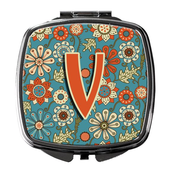 Letter V Flowers Retro Blue Compact Mirror CJ2012-VSCM