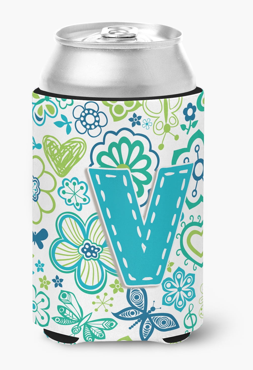 Letter V Flowers and Butterflies Teal Blue Can or Bottle Hugger