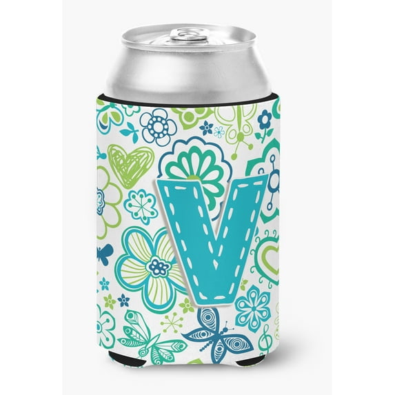 Letter V Flowers and Butterflies Teal Blue Can or Bottle Hugger
