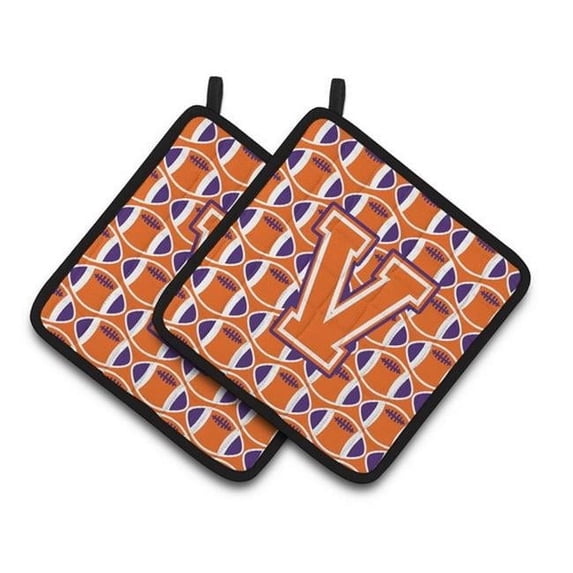 Letter V Football Orange White and Regalia Pair of Pot Holders